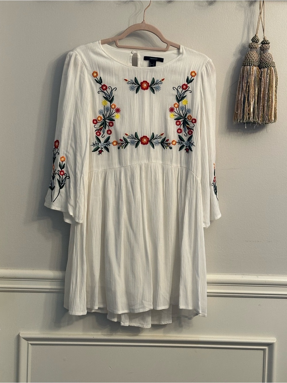 Forever 21 White Tunic with Multicolor Floral Embroidery